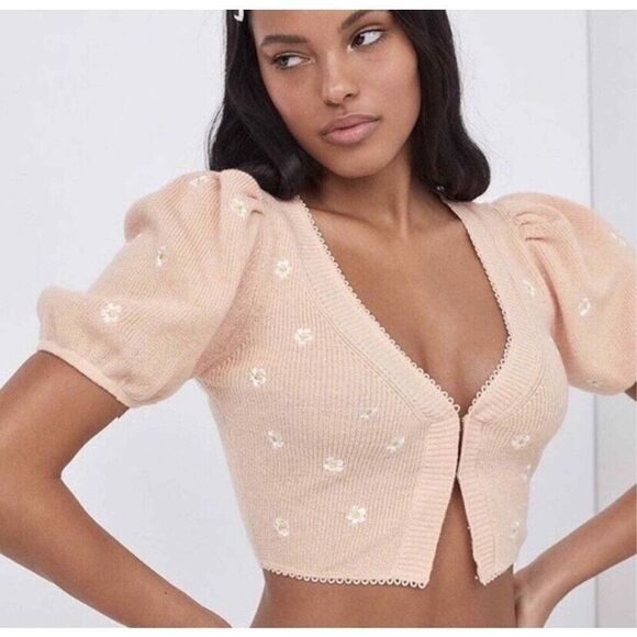 NEW For Love & Lemons Embroidered Buds Cropped Cardigan Medium Peach Puff Sleeve
